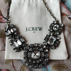 J Crew Clear Rhinestone Statement Necklace Antique Brass Baguettes Lobster Clasp